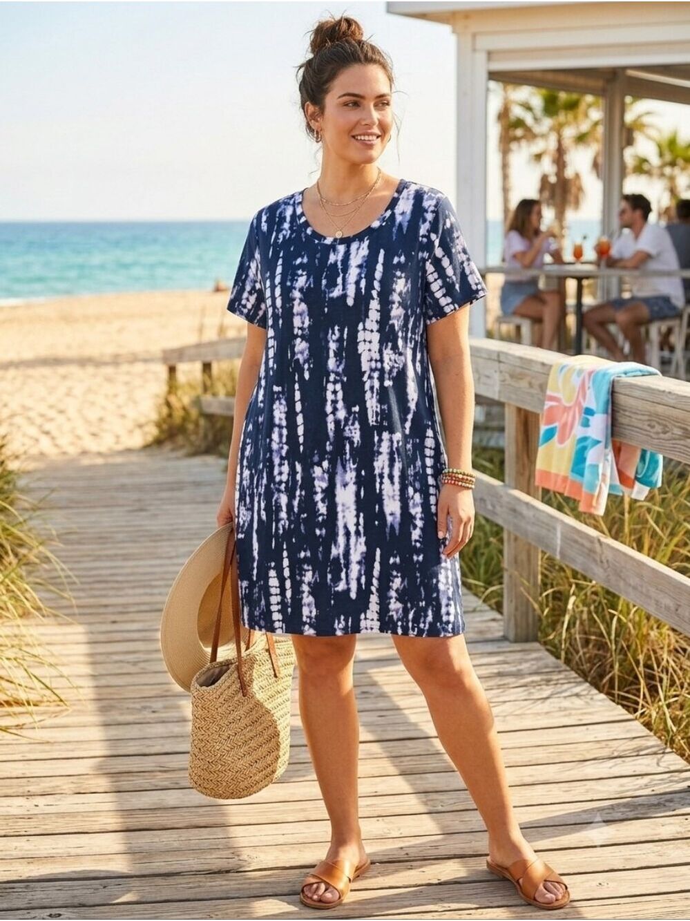 Ellen Tracy navy blue tie dye Pima Cotton SS Tshirt dress, Size XXL Super Comfy